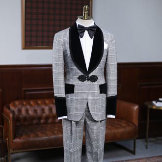Grey Plaid Formal Tuxedo Suit