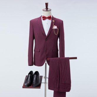 Men’s Pinstripe 3 Piece Suit（Blue/Gray/Red） Navy Blue Suit